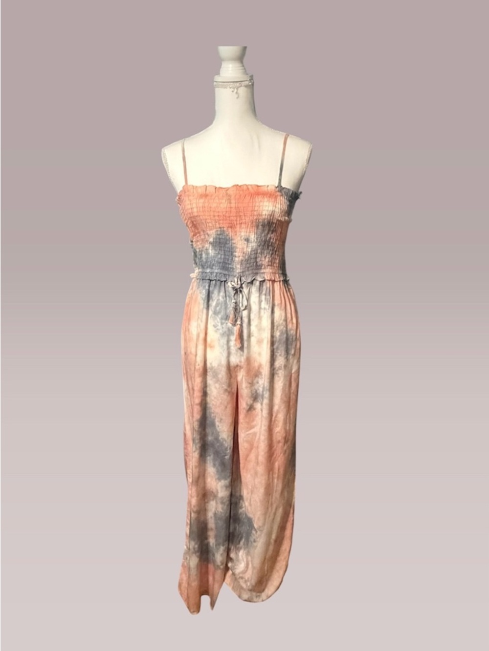 Smocked Tie-Dye Spaghetti-Strap Jumpsuit